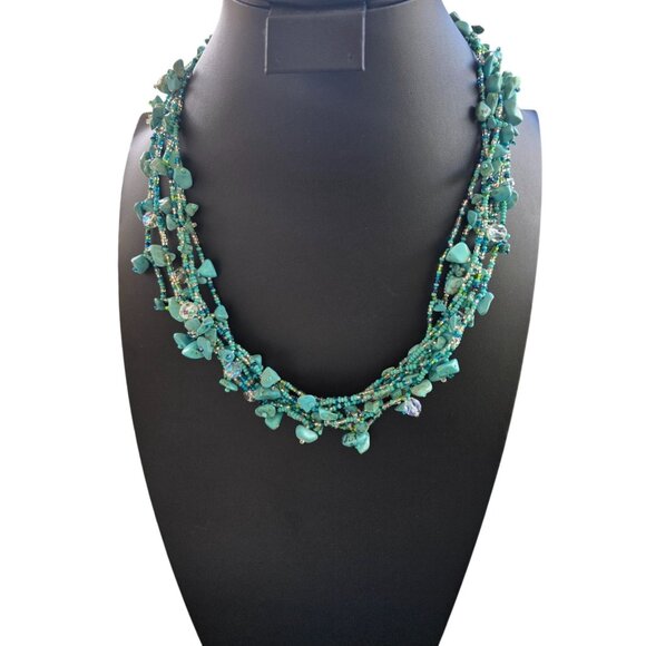 Multistrand Turquoise Chips & Beads Necklace With Silver-Tone Magnetic Clasp 18" - Picture 1 of 12